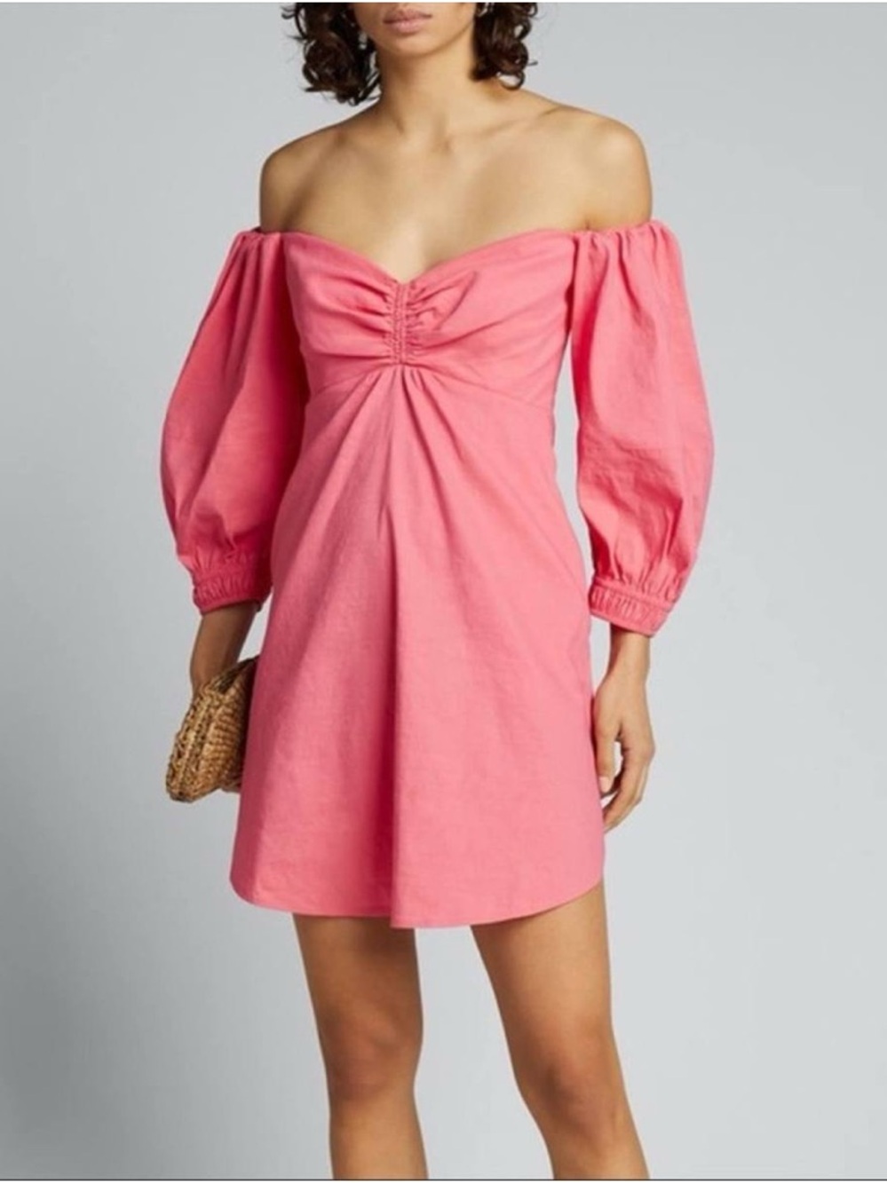 A.L.C. Coral Pink Mila Off-Shoulder Mini Dress with Puff Sleeves-size 6